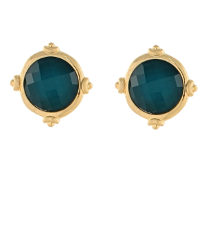 Faceted Dark Green Stone Antique Gold Stud Earrings