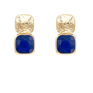 Navy Faceted Stone Hammered Gold Drop Earrings