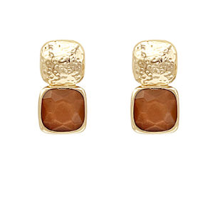 Orange Faceted Stone Hammered Gold Drop Earrings