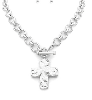 Silver Hammered Cross Toggle Necklace