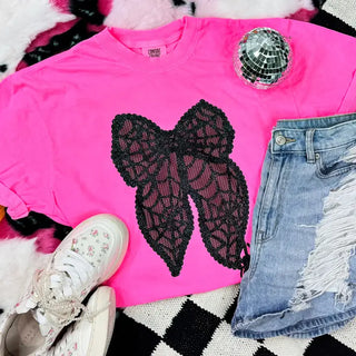 Lacey Black Glitter Spiderweb Bow Tee