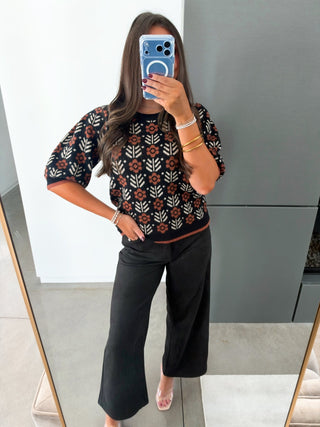 Midnight Bloom Short Sleeve Sweater Top - Instyle Boutique