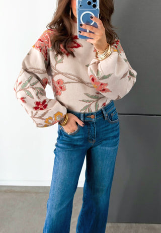 Petal Pretty Beige Floral Mock Neck Sweater Top - Instyle Boutique