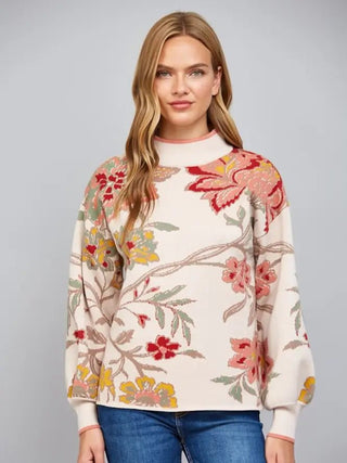Petal Pretty Beige Floral Mock Neck Sweater Top - Instyle Boutique