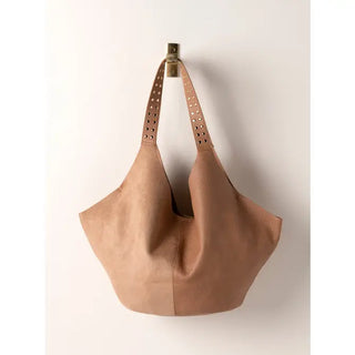 Tan faux leather and suede handbag with silver studded handles