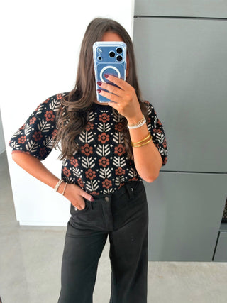 Midnight Bloom Short Sleeve Sweater Top - Instyle Boutique