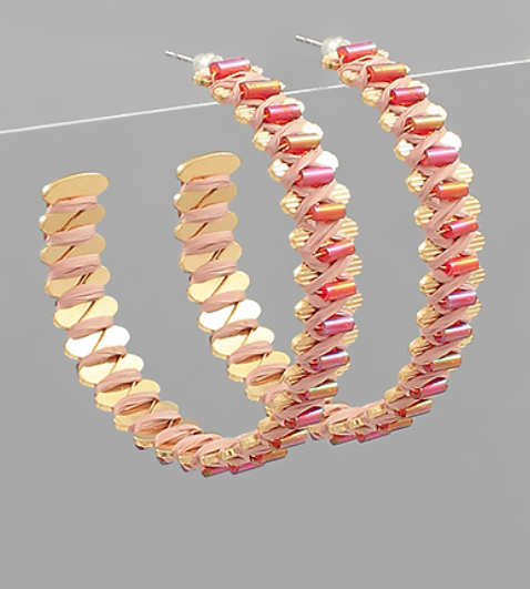 Pink beaded hoop earrings deals